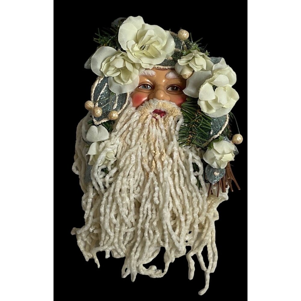 Vtg. Handmade Santa Claus Face Christmas Wreath Decor White Flowers Yarn Beard - Picture 5 of 6